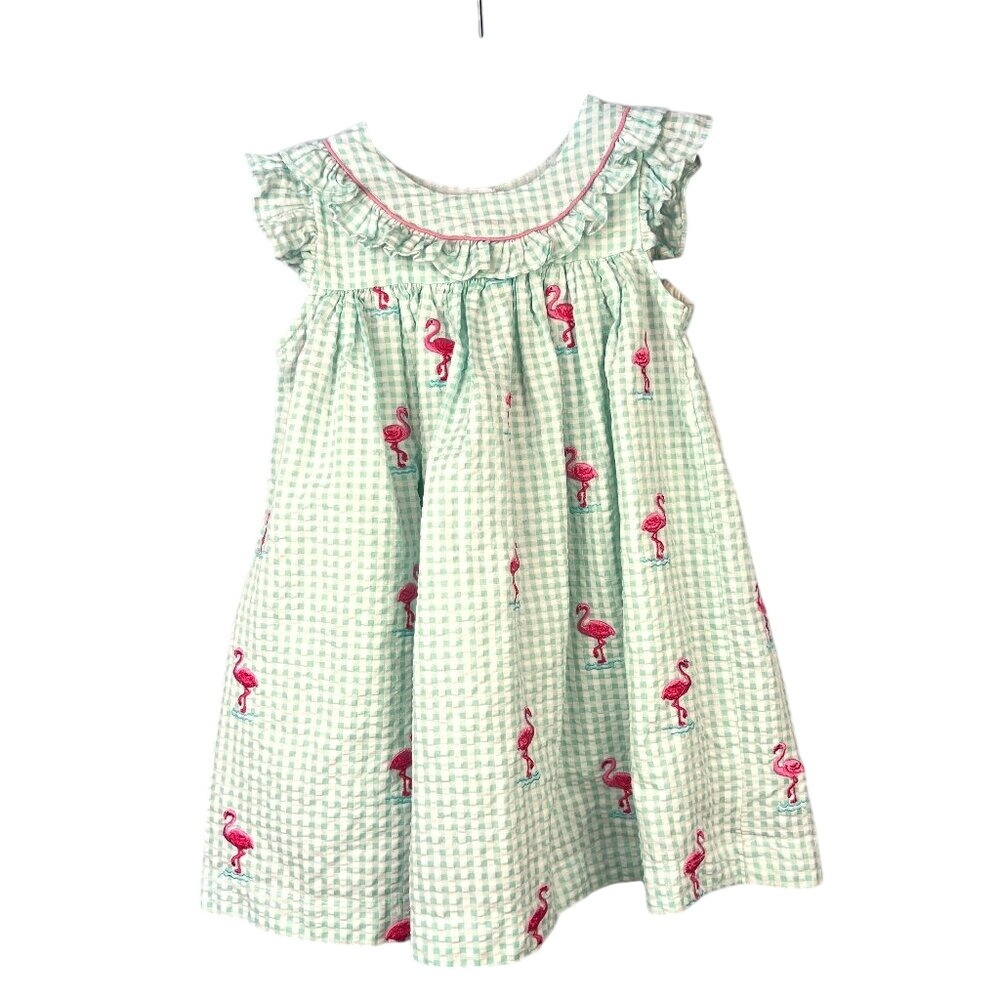 Baby Cotton Summer Dress SZ 24 mos Green/White Gingham Embroidered Flamingos